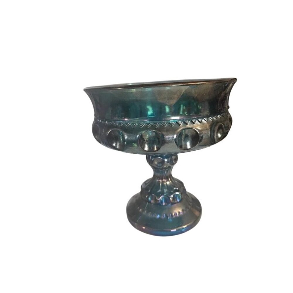 Vintage Blue Carnival Glass Pedestal Compote Bowl With Iridescent Finish And Emb